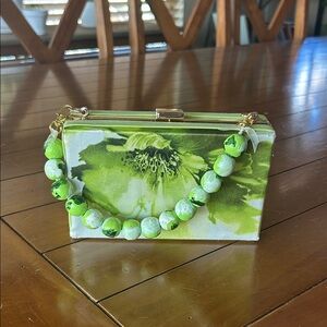 Green Floral Box Clutch Purse with Beaded Handle & Chain Strap